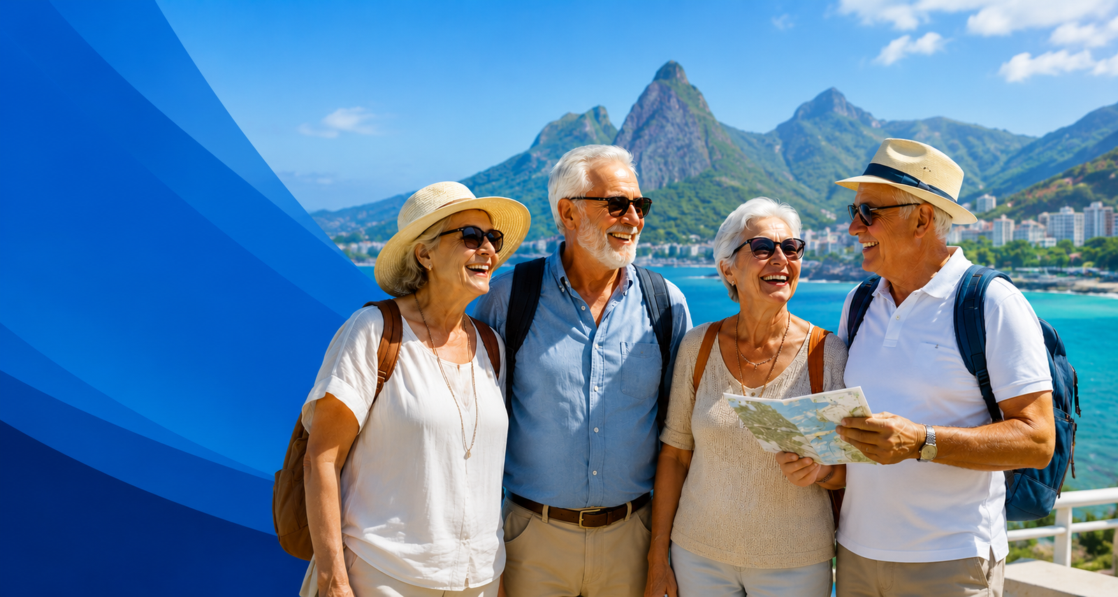 Grupo de viajantes 50+ felizes em destino turístico com a Go Travel